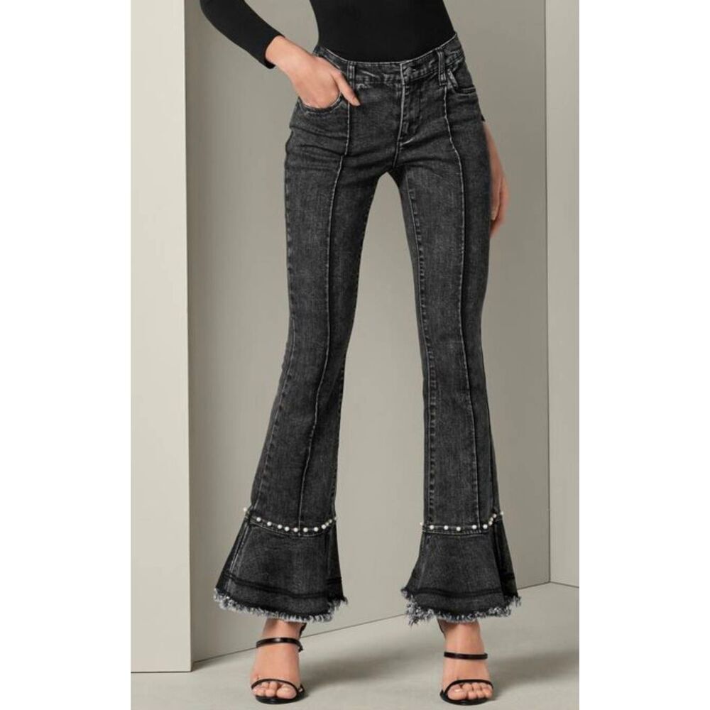 Venus Fame Black Flare Bell Bottom Pearl Detail Jeans